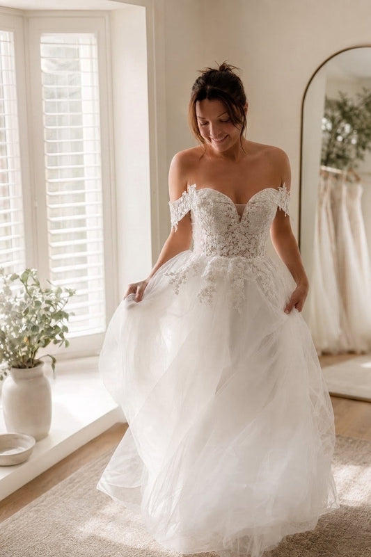 Nicola ~ Off‑Shoulder Lace Corset Gown