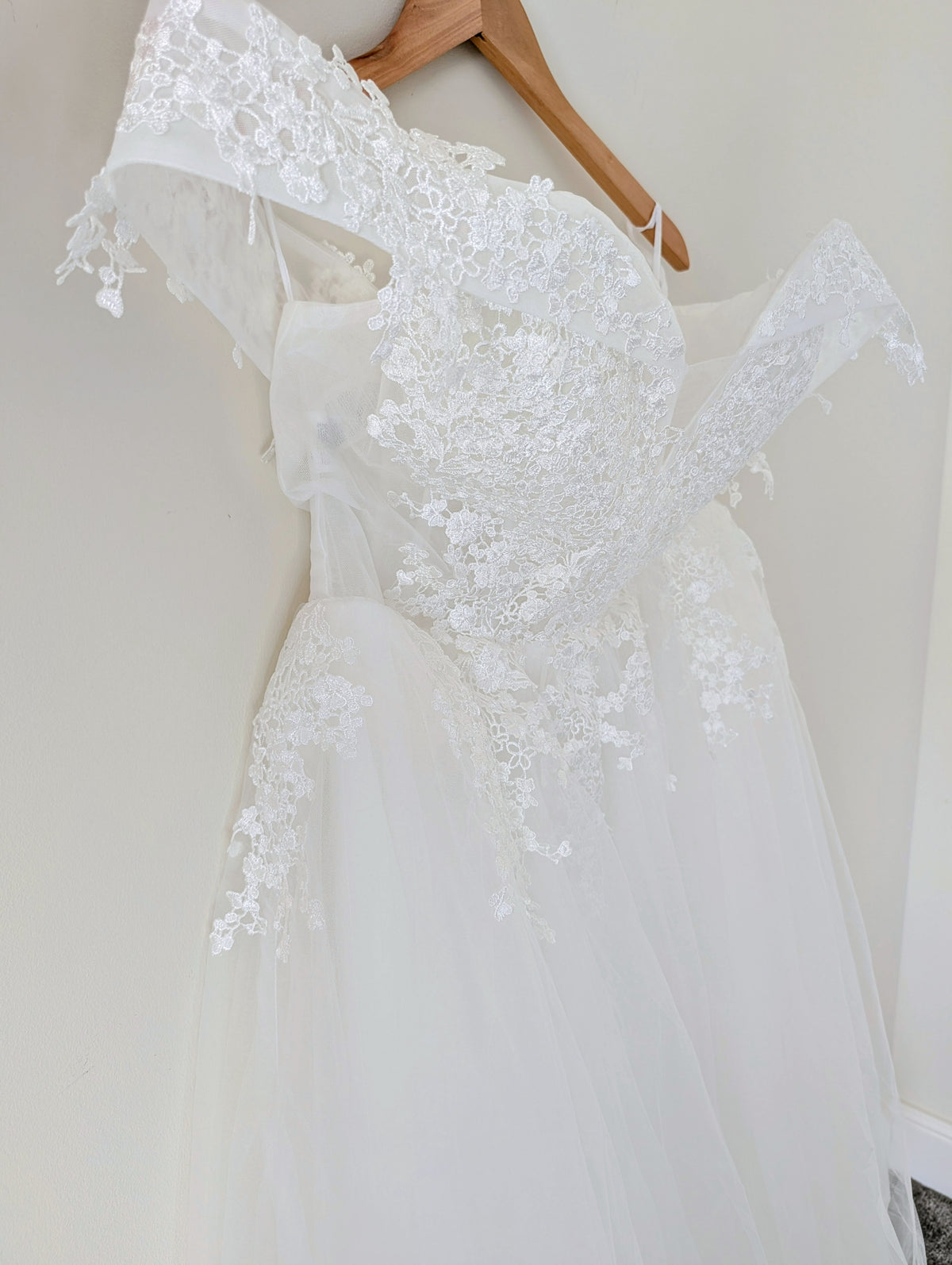 Nicola ~ Off‑Shoulder Lace Corset Gown