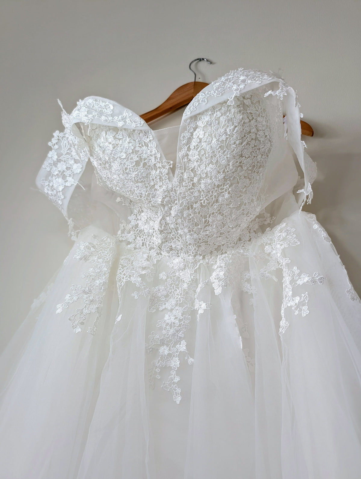 Nicola ~ Off‑Shoulder Lace Corset Gown